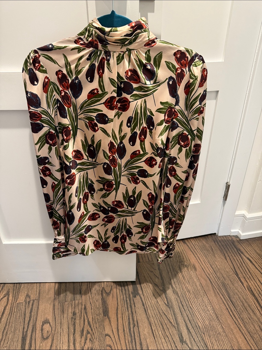 Cinq A Sept Light Pink Floral High-Neck Blouse with Green & Burgundy Tulips